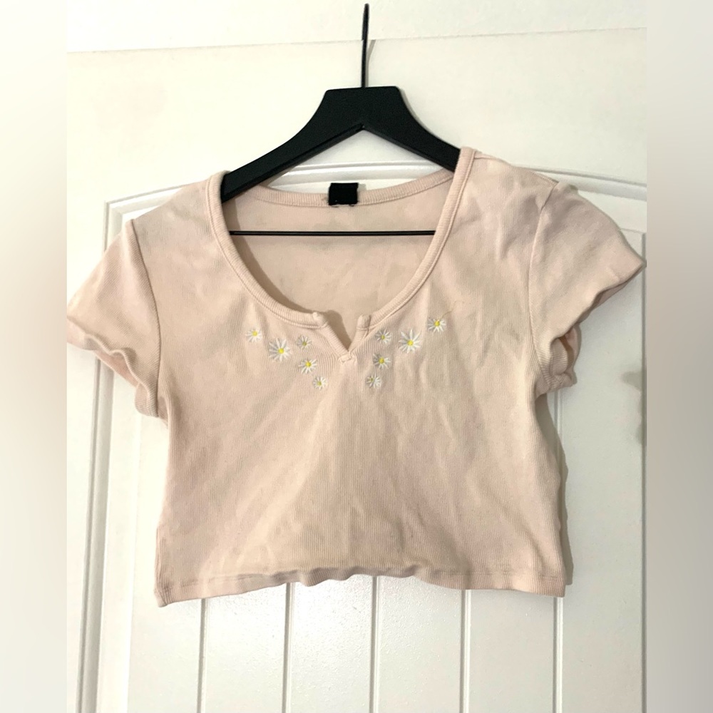 Pink ditsy embroidered crop top